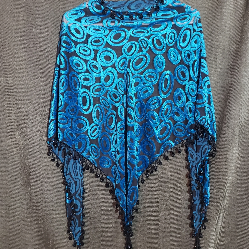 Funky blue velvet beaded shawl